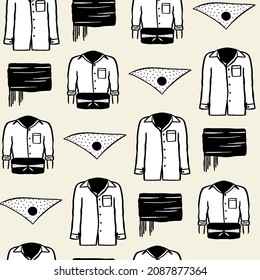 Mocador, camisa, faixa de castells. Human tower Catalan tradition seamless pattern clothing. Black and white with beige neutral background. Vector illustration surface design