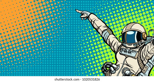 mocap female astronaut shows up on copy space. Pop art retro comic book vector cartoon hand drawn illustration