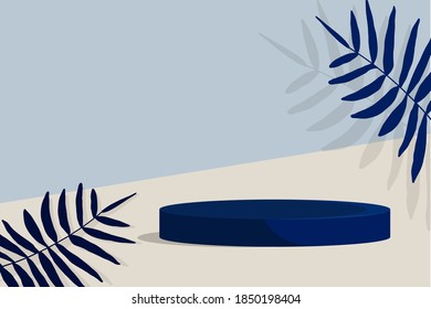 Mocap, Poster, Hintergrund, blau-graue Farben mit tropischen Blättern. Das Konzept der Produktpräsentation. Stehzylinder zur Vorstellung des Materials. Ausstellung, leer. Flache Vektorgrafik.