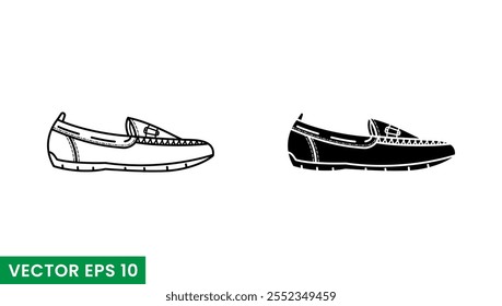 Mocasín zapatos línea arte y glifos icono de Vector aislado sobre fondo blanco