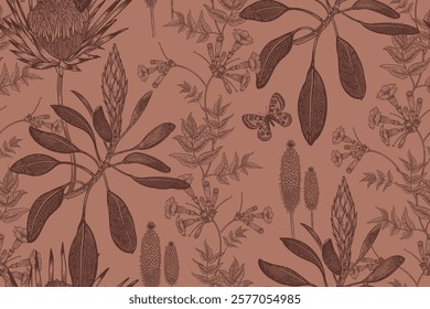 Mocha background. Seamless floral pattern. Exotic flowers and butterflies. Beautiful orchids garden. Vintage. Vector illustration. Template for textiles, wallpaper, paper
