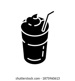 Mocha black glyph icon. Coffee drink with foam and straw. Beverage in glass mug. Cafe menu. Refreshement from restaurant. Coffee shop. Silhouette symbol on white space. Vector isolated illustration