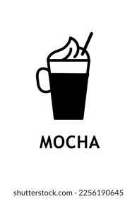 Mocha black icon. Sticker for social networks and messengers. Delicious drink, cafe or restaurant menu. Aroma and beverage, coffee in cup or mug. Cartoon flat vector illustration