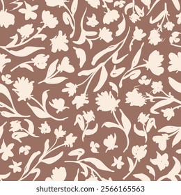 Mocha brown, florals with leaves seamless repeat pattern. Random placed, vector botany aop, all over surface print on  brown background.