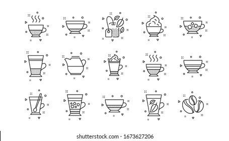 Mocha, Cappuccino and Latte. Coffee types and Tea icons. Americano cup linear icon set. Geometric elements. Quality signs set. Vector