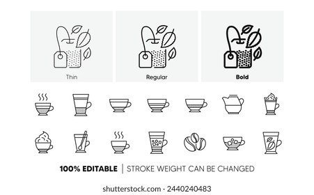 Mocha, Cappuccino and Latte. Coffee types and Tea icons. Americano cup linear icon set. Line icons set. Vector