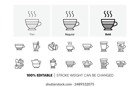 Mocha, Cappuccino and Latte. Coffee types and Tea icons. Americano cup linear icon set. Line icons set. Vector