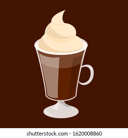 Mocha coffee in a glass vector isolated. Tasty hot beverage, cup of black drink. Milk foam on top of coffee.