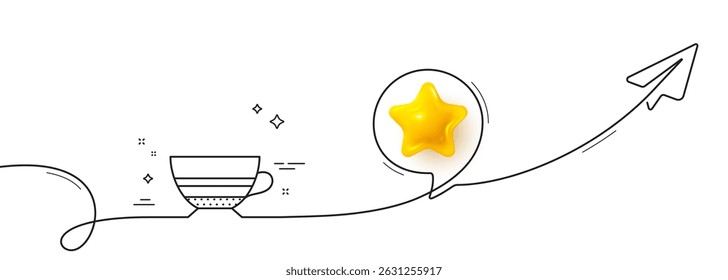 Mocha coffee icon. Continuous line with share plane. Hot drink sign. Beverage symbol. 3d star in speech bubble. Mocha single line ribbon. Loop curve pattern. Vector