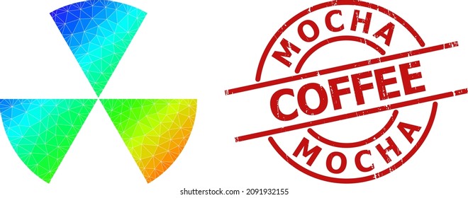 Impresión de sellos de goma de café de Mocha, y icono de sectores de círculo color arcoiris bajo con gradiente. El sello rojo tiene el título de café Mocha dentro de la plantilla de redondo y líneas.