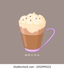 Mocha coffee vector illustration. Beautiful mug with coffee and cream .