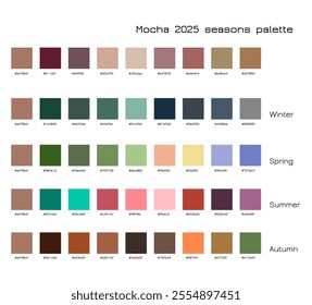 Mocha color of the year 2025 seasons palette. Winter, spring, summer, autumn color samples with hex codes. Color trends concept.