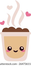 Mocha cup with cocoa topping and love-filled steam, featuring a sweet blushing expression—great for Valentine’s Day or cute coffee art.
