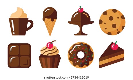 Copo de mocha, cone mergulhado, tigela sundae, mordida de biscoito, chocolates variados, cereja cupcake, anel de donut, ícones de sobremesa de padaria, celebração de aniversário