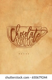 Mocha cup lettering hot milk, chocolate, espresso in vintage graphic style drawing with craft