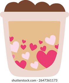 Mocha drink with multiple floating pink hearts inside the cup, symbolizing warmth, affection, and sweetness in Valentine and romantic visuals.