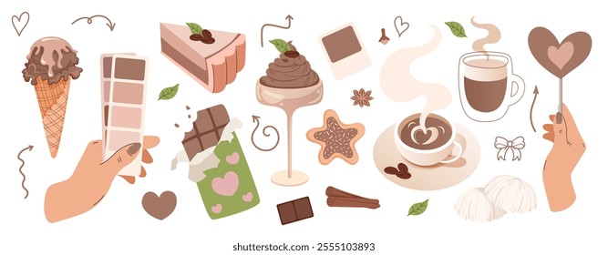 Mocha flavored desserts set. Chocolate mousse, cappuccino, piece of cake. Hand holds palette of colors. Demonstrating the colors of 2025 - Mocha Mousse. Vector flat illustration.