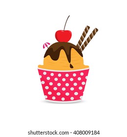 Mocha Ice Cream Sundae Cup, with Cookie Sticks, Cherry and Chocolate Source illustrator vector design isolated on white background