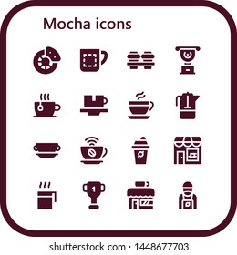 mocha icon set. 16 filled mocha icons.  Collection Of - Break, Mug, Coffee, Cup, French press, Coffee shop, Barista