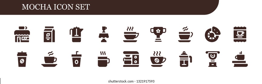 mocha icon set. 18 filled mocha icons.  Collection Of - Coffee shop, Beans, French press, Latte, Coffee, Cup, Break, Coffee maker