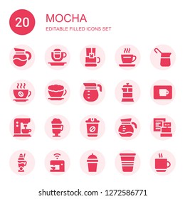 mocha icon set. Collection of 20 filled mocha icons included Coffee cup, Tea cup, Latte, Coffee pot, French press, Coffee machine, Irish coffee, Cup