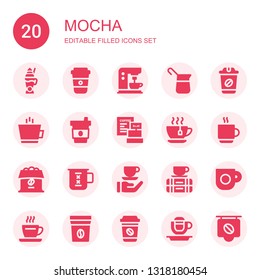 mocha icon set. Collection of 20 filled mocha icons included Latte, Coffee, Coffee machine, Tea cup, Coffee cup, Cup, Break, bag