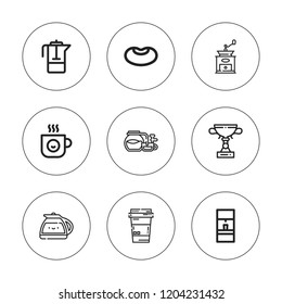 Mocha icon set. collection of 9 outline mocha icons with beans, coffee cup, coffee machine, cup icons. editable icons.