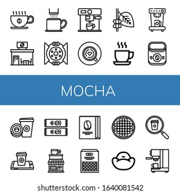 mocha icon set. Collection of Coffee cup, Coffee shop, Break, Coffee maker, Cup, machine, Instant Paper cup, beans, Beans, Bean bag icons