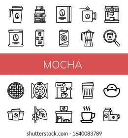mocha icon set. Collection of Coffee cup, Coffee bag, Coffee shop, machine, beans, Cold mug, Moka pot, maker, Beans, Paper cup, Break icons