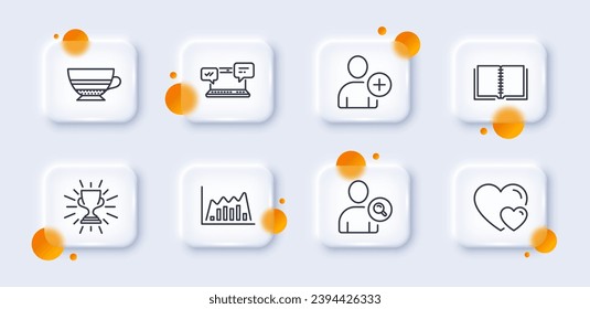 Mocha, Internet chat and Infographic graph line icons pack. 3d glass buttons with blurred circles. Trophy, Add user, Find user web icon. Book, Hearts pictogram. For web app, printing. Vector