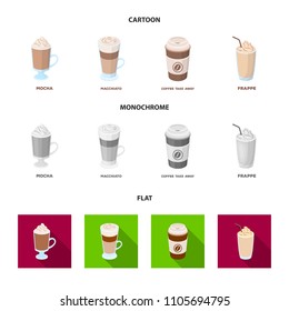 Mocha, macchiato, frappe, take coffee.Different types of coffee set collection icons in cartoon,flat,monochrome style vector symbol stock illustration web.