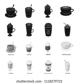 Mocha, macchiato, frappe, take coffee.Different types of coffee set collection icons in black,monochrome style vector symbol stock illustration web.