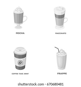 Mocha, macchiato, frappe, take coffee.Different types of coffee set collection icons in monochrome style vector symbol stock illustration web.