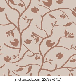 Mocha mouse on pale brown repeat pattern of cute birds in a cherry tree with a few leaves and cherries.

Designed by Anne Hickley of www.marbledbeauty.co.uk