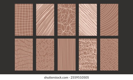 Mocha Mousse 1920x1080 Backgrounds set. Trendy brown abstract vector backdrops with minimal hand drawn texture. Neutral social media templates and phone wallpapers. 