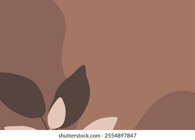 Mocha mousse abstract background with brown leaves. Floral nature concept. Color of the year 2025. Scandinavian style. Abstract contemporary vector illustration for design poster, print, wallpaper