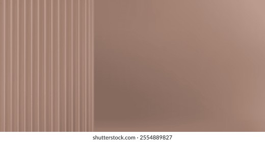 Mocha Mousse background with 3D reeded translucent glass. Elegant gradient backdrop in color of the year 2025 hues. Realistic vector illustration