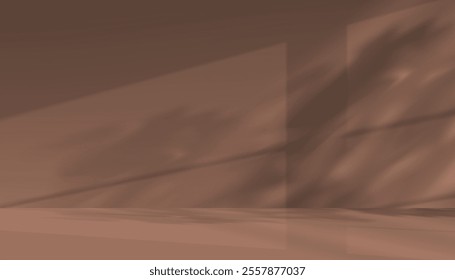 Mocha Mousse Background Wall Studio with light, shadow from window effect on empty podium display for Product present in Winter,Spring 2025,Brown Kitchen interior room with sunlight reflection