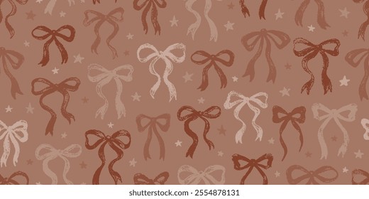 Mocha mousse bow pattern. Ribbon seamless background. 2025 year. Crayon texture for Christmas gift bow and ribbon in trendy mocha mousse 20025 year color. Vector present seamless bg pastel brush style