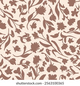 Mocha mousse brown, florals with leaves seamless repeat pattern. Random placed, vector botany aop, all over surface print on beige background.