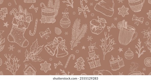 Mocha mousse Christmas pattern. Winter background, seamless color sketch vector texture with Xmas tree. Pastel holiday 2025 color pattern. Hand drawn brown Christmas cute doodle print. Mocha mousse bg