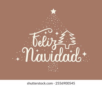 Mocha Mousse color 2025 banner. Holiday background with Feliz Navidad hand drawn lettering in spanish what means Merry Christmas in English in tree shape with snowflake. Handwritten calligraphy phrase