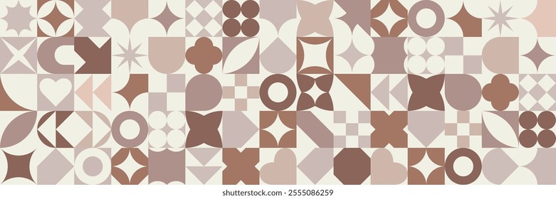 Mocha Mousse color background 2025 Year. Seamless coffee color Geometric pattern in Bauhaus style. Brown abstract shapes background in swiss style. Vector illustration