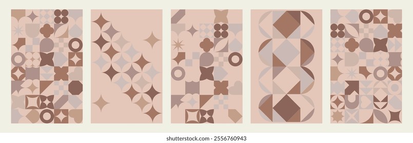 Mocha Mousse color background 2025 Year. Seamless coffee color pattern in Geometric style. Brown abstract shapes background in swiss style. Vector illustration