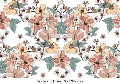 Mocha mousse color pattern of flowers and leaves, repeating pattern, artistic like wallpaper.	