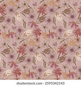 Mocha mousse color pattern of flowers and leaves, repeating pattern, artistic like wallpaper.	