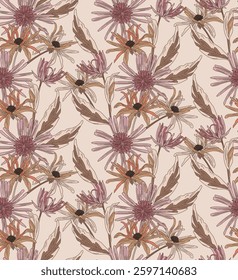 Mocha mousse color pattern of flowers and leaves, repeating pattern, artistic like wallpaper.	