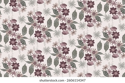 Mocha mousse color pattern of flowers and leaves, repeating pattern, artistic like wallpaper.	