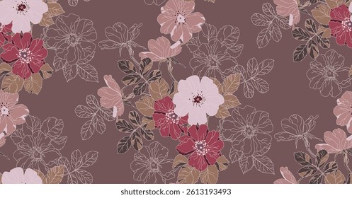Mocha mousse color pattern of flowers and leaves, repeating pattern, artistic like wallpaper.	