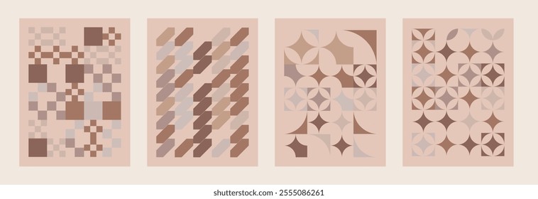 Mocha Mousse color posters 2025 year. Isolated Geometric backgrounds in Bauhaus style with Abstract shapes. Swiss design aesthetic. Vector illustration